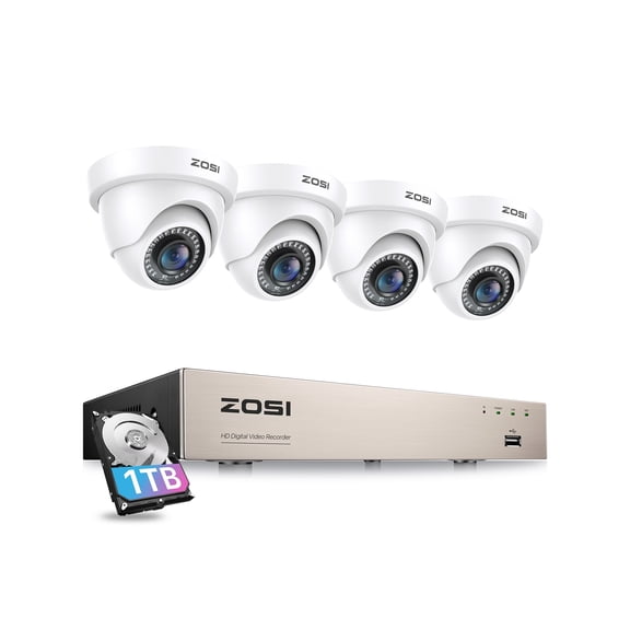 3K Lite Security Camera System, ZOSI H.265+ 8CH Wired DVR with 1TB HDD, 4pcs Outdoor 1080P Cameras with AI Human/Vehicle Detection, 120ft Night Vision, Weatherproof, 24/7 Recording