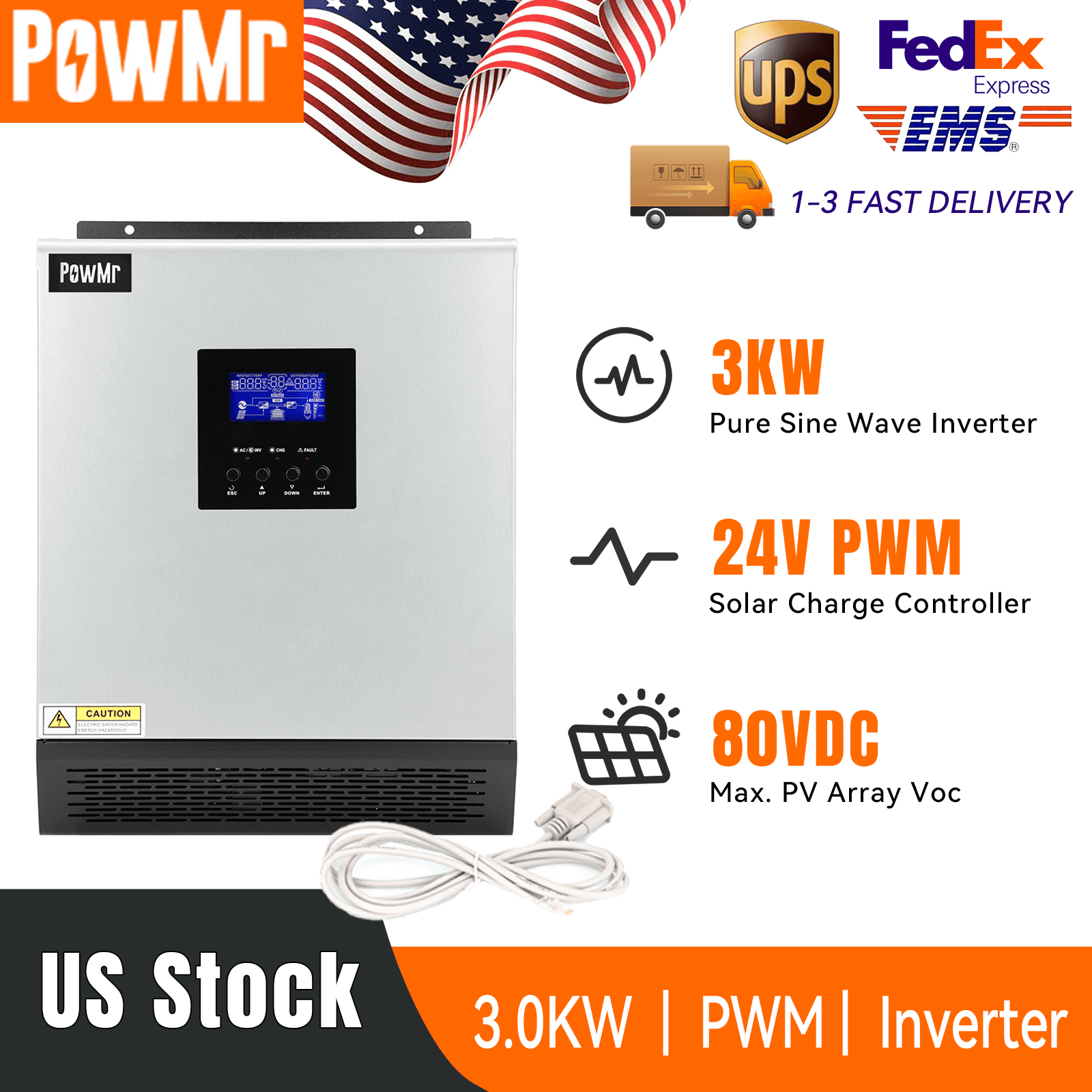 3KVA Hybrid Solar Inverter DC 24V to AC 110V Built-in 50A PWM Solar Controller