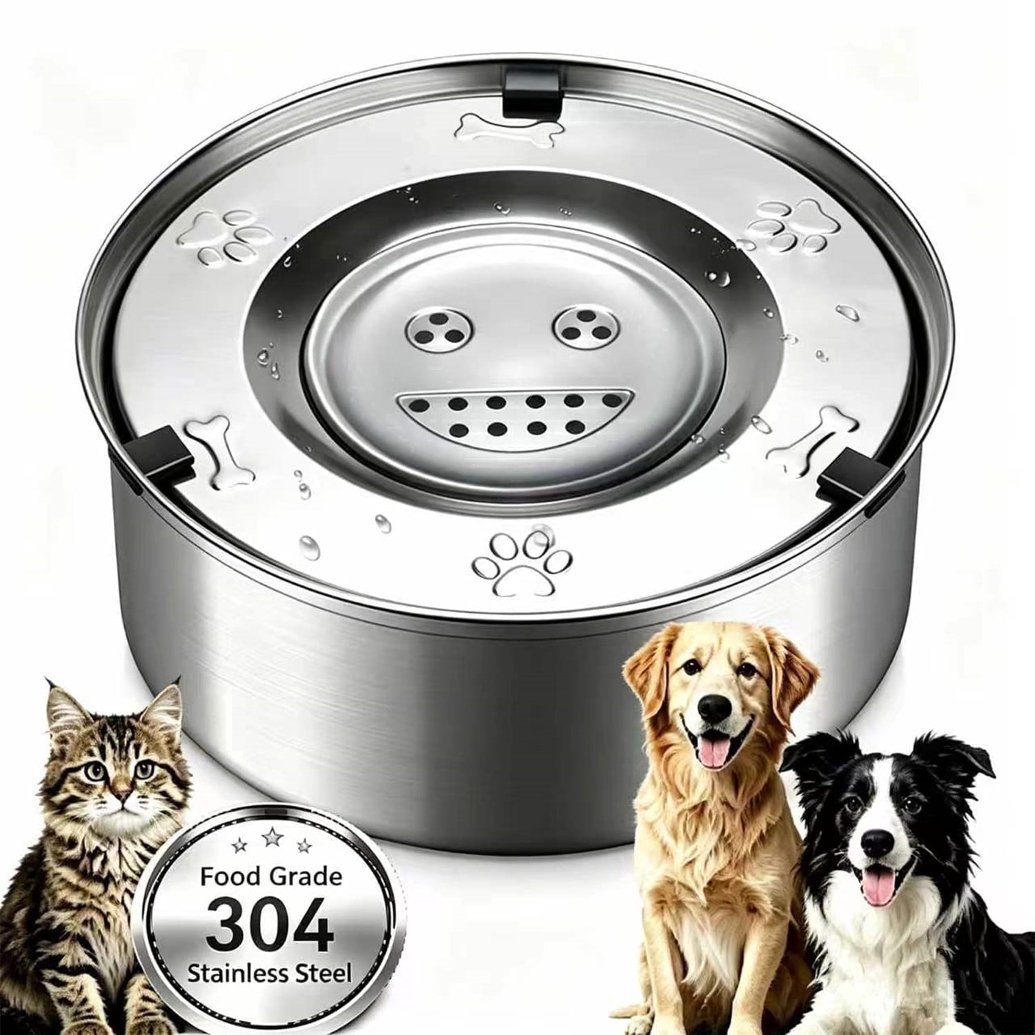 1L/34oz Dog Water Bowl No Spill Pet Bowls 304 Stainless Steel Slow Drinking Feeder with Floating Disk