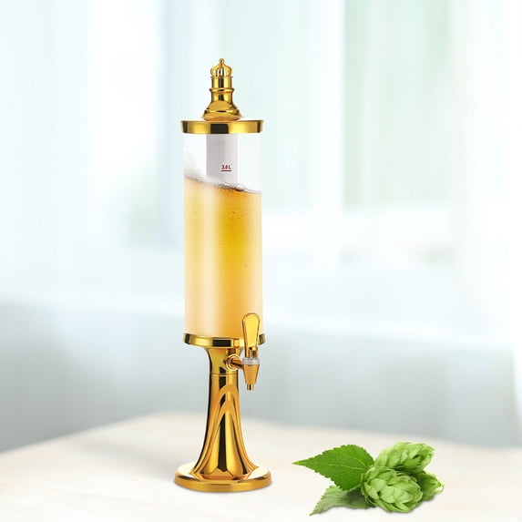 3L Beer Tower Beverage Dispenser with LED Lights and Ice Tube - Keep Beverages Ice Cold, for Home, Bar, Party (Gold)