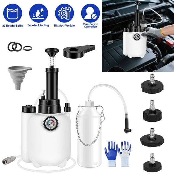 3L Brake Bleed Kit Manual Brake Bleeder Vacuum Pump with 1L Waste Oil Bottle and 4 Master Cylinder Adapters One Person Pneumatic Brake Fluid Extractor Tool for All Vehicles