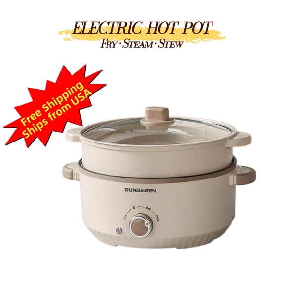 3L Electric Hot Pot with Steamer, 1000W Nonstick Multi-Cooker, 3 Heat Settings, Glass Lid, Beige Aenaeder