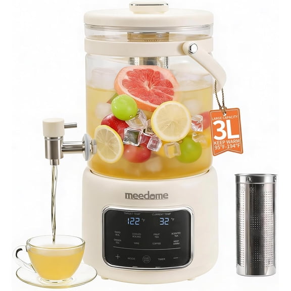 3L Electric Kettle & Beverage Dispenser with Infuser, Spigot - All-in-One Health Pot for Iced Tea/Coffee, Temperature Control, Glass Pitcher - Home & Office Use
