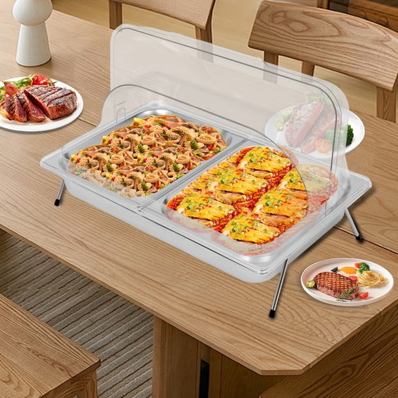 3L Food Serving Display Tray, Stainless Steel Buffet Cold Serving Cooler Platter with Lid & Bottom Pan, 2 Trays with 4 Non-slip Feet, for Salad Fruit Restaurant Catering (Silver)