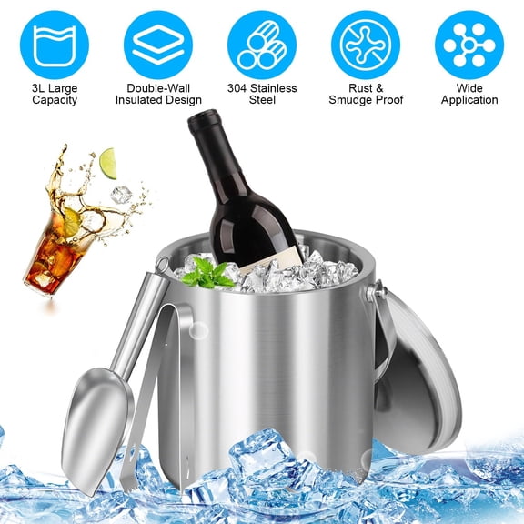 3L Ice Holder Ice Container Double-Wall Stainless Steel Insulated Ice Bucket 3L Ice Holder Ice Container with Lid Scoop Strainer Handle for Wine Champagne Beer Parties Cocktails