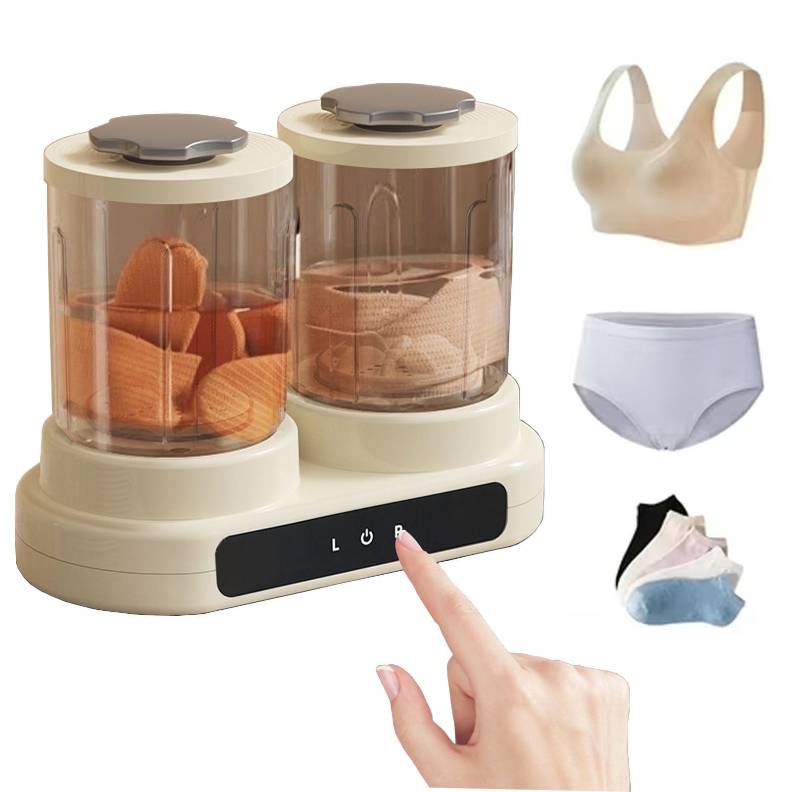 Double Tubs Portable Mini Washing Machine, 3L Cordless Underwear Washing Machine with 2 Compartments, 2 Modes Compact Washer for Underwear and Socks, Apartment, Dorm, RV, Hotel Use, Beige