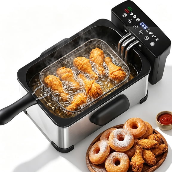 Deep Fryer with Basket for Home, Electric Oil Fryer Pot, 6 Food Presets, Patbrela Touchscreen, 1H Timer, Temp Control, View Window, Fish, French Fries