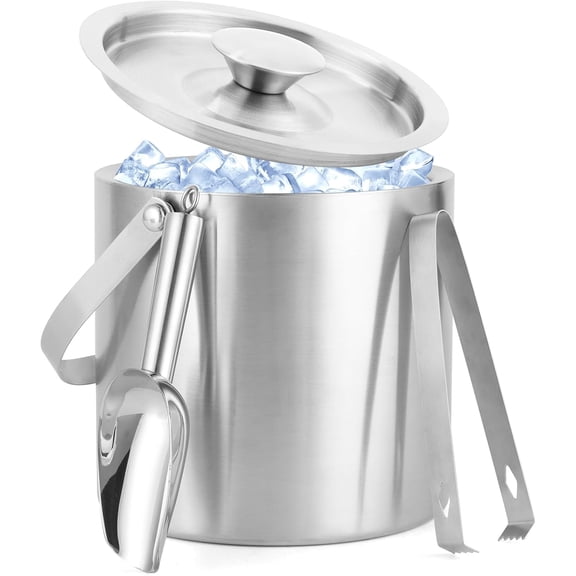 3L Stainless Steel Ice Bucket  Double-Wall Insulated Cooler Keeps Ice Frozen Longer for Wine, Champagne & Beer,Includes Lid, Handle, Tong & Scoop