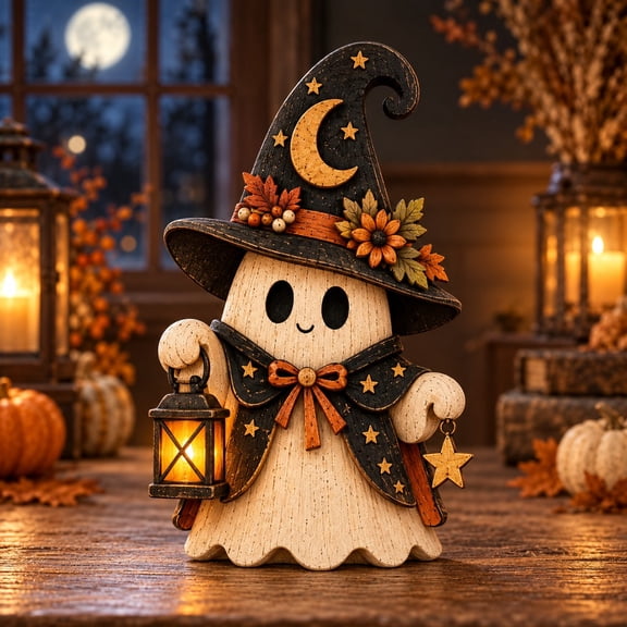 3Layer Halloween Ghost Wooden Witch Lantern Stand for Mantel Display, Spooky Season Gift