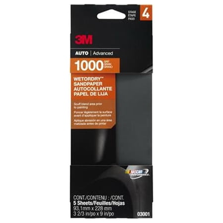 3M 03001 Sandpaper, Automotive, 1000 Grit, 3-2/3 x 9 In., 5-Pk. - Quantity 5