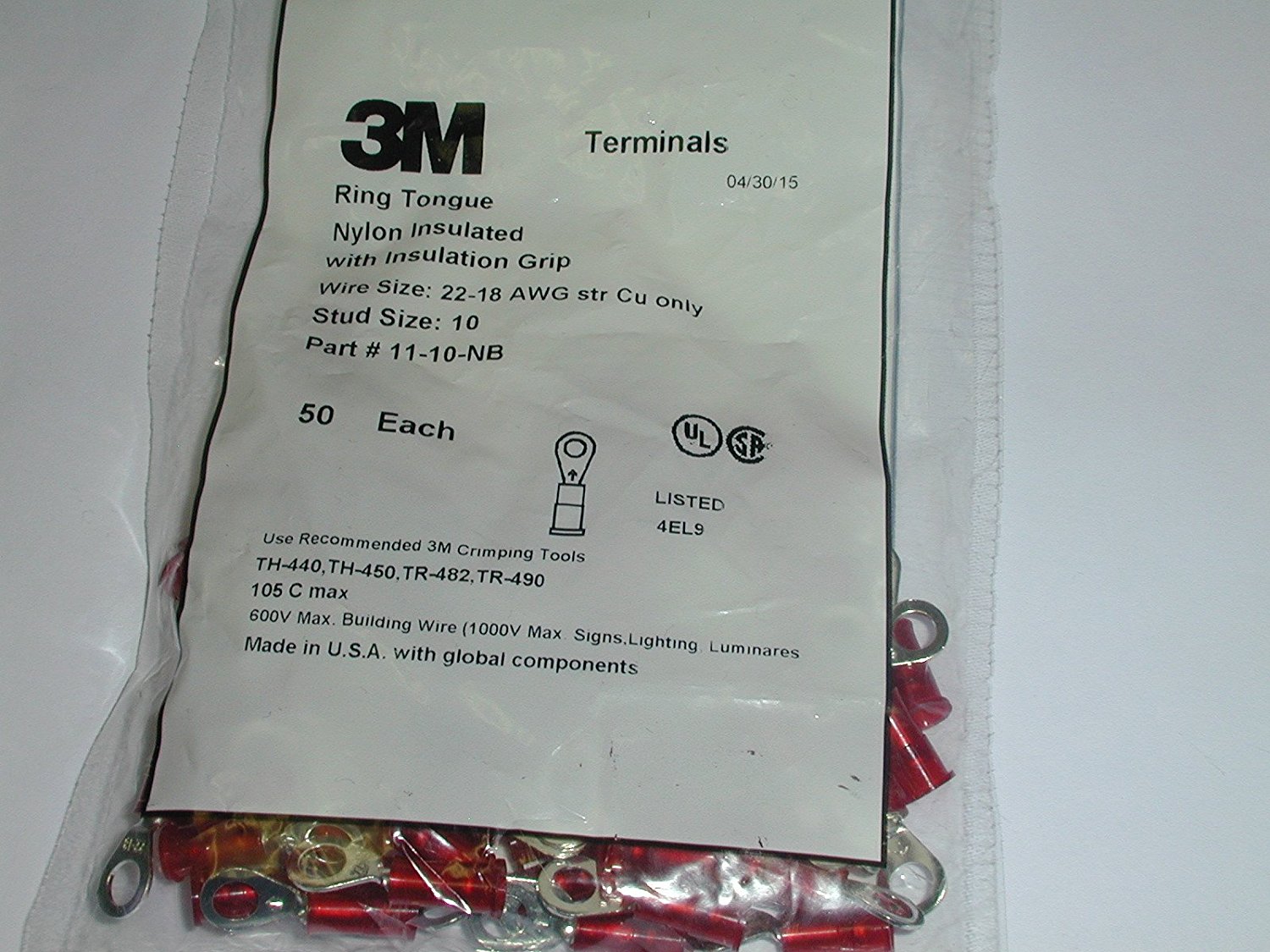 3M 11-10-NB 22-18 Nylon Insulated w/Insulation Grip Ring Tongue Terminal