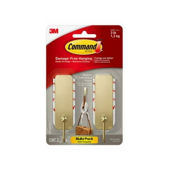 3M 118826 Satin Brass Hooks with 2 Hooks & 4 Strips - Medium - 2 Piece - Case of 4