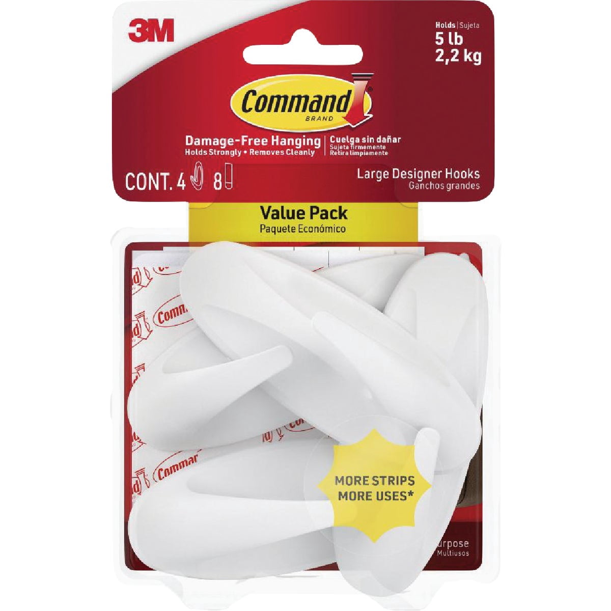 3M Command White Large Designer Hooks, 12 Packs: 4 ct. (48 total) — Residential Use, Standard Application