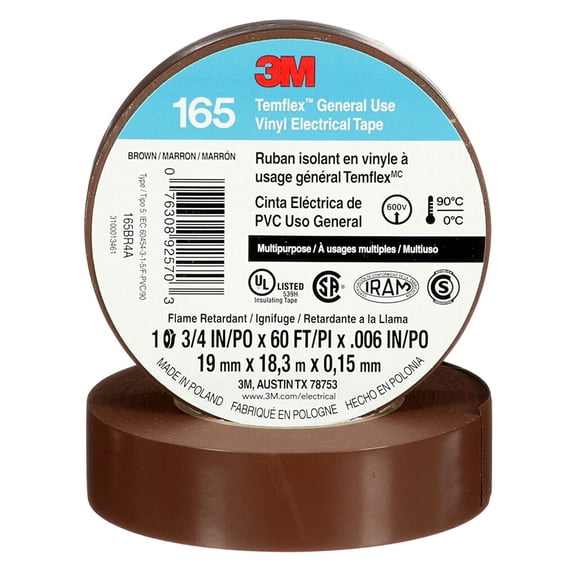 Pack of 10 3M Temflex 165BR4A Brown 3/4 in x 60 ft Vinyl Electrical Tape