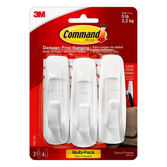 3M 170033ES 5 lbs General Purpose Hooks Value Pack Large, White - 3 Hooks & 6 Strips per Pack