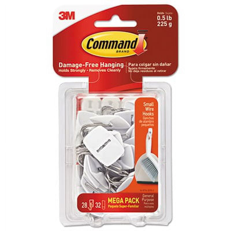 Small White Wire Hooks with Adhesive Strips, 28 Hooks and 32 Strips