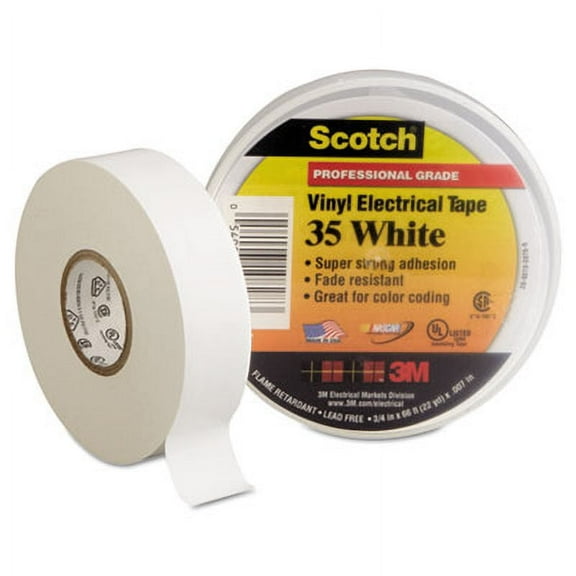 3M-1PK Scotch 35 Vinyl Electrical Color Coding Tape, 3" Core, 0.75" X 66 Ft, White