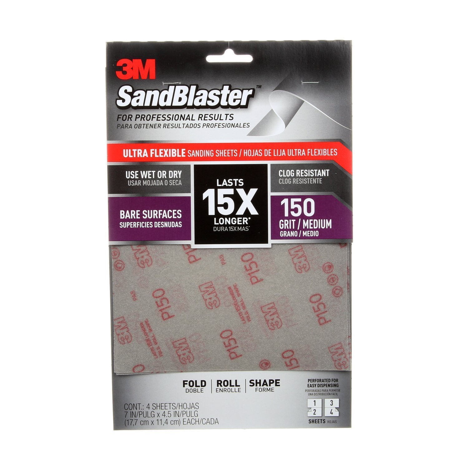 3M 28150SBUF4 Sandblaster Sandpaper, Medium 150 Grit, 4Sheet Pk