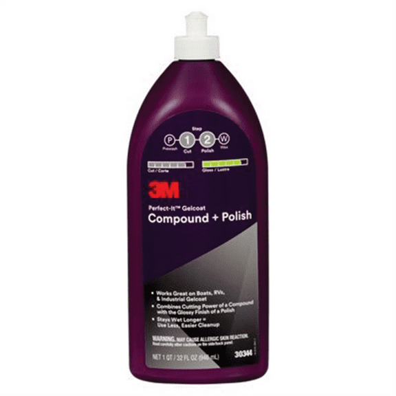 3M Perfect-It 30344 Gelcoat Compound + Polish, 1 qt Bottle, White, Liquid