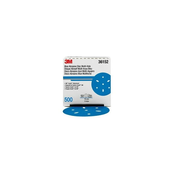 3M 36152 Hookit 321U Blue Sandpaper 3" Disc - 500 Grade Multi-Hole, 50/Bx