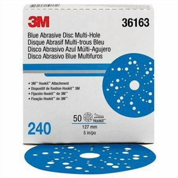 3M 36163 321U Series Multi-Hole Abrasive Disc, 5 in Dia, 240 Grit, Hook and Loop, Blue