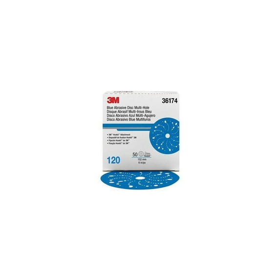 3M 36174 321U Series Multi-Hole Abrasive Disc, 6 in Dia, 120 Grit, Hook and Loop, Blue