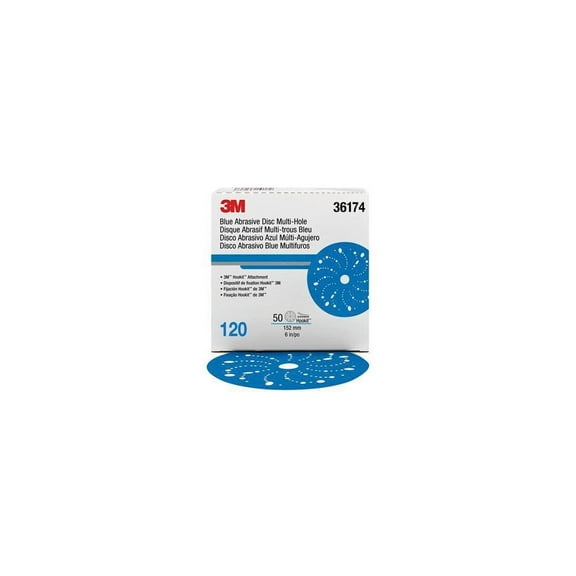 3M 36174 321U Series Multi-Hole Abrasive Disc, 6 in Dia, 120 Grit, Hook and Loop, Blue