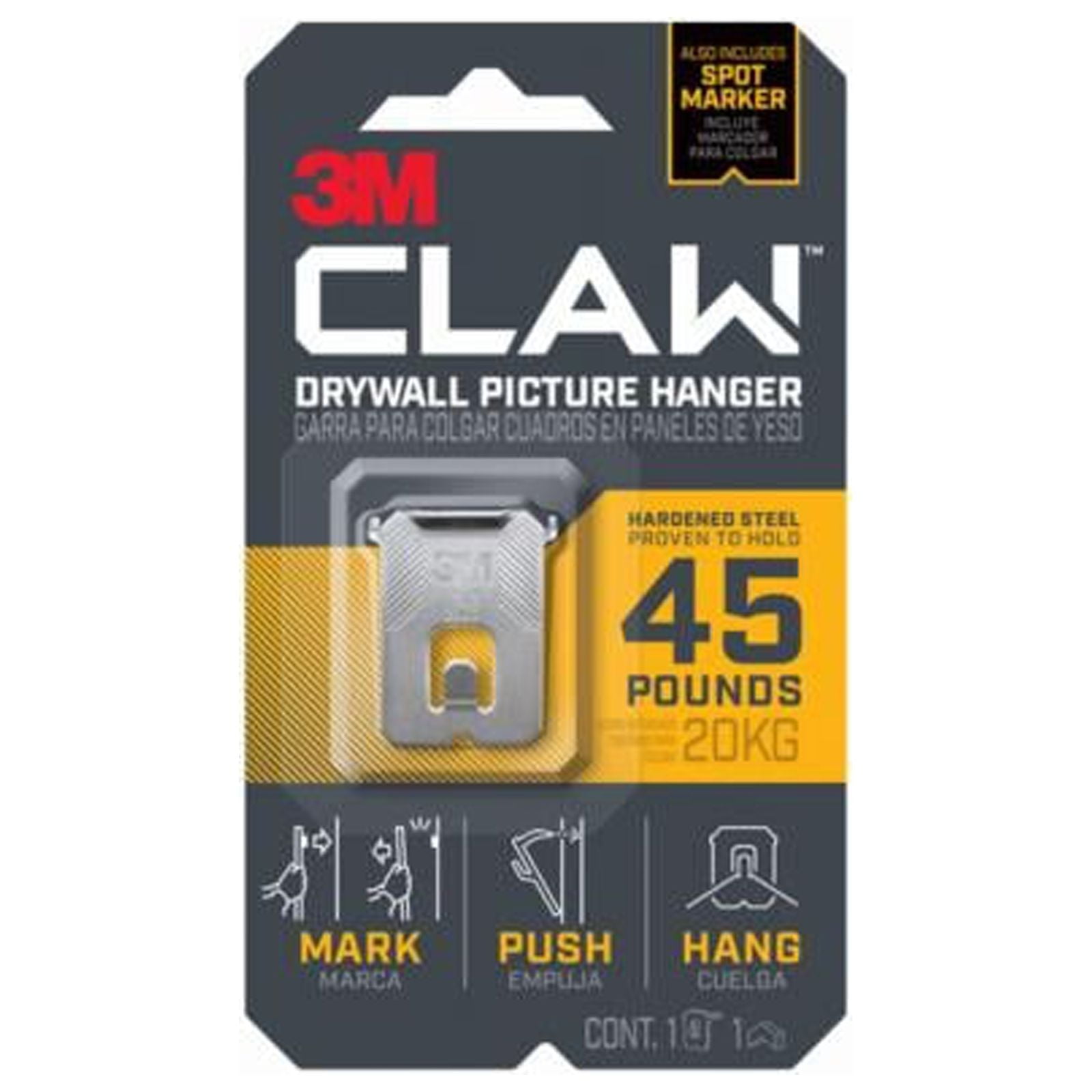 3M 3PH45M-1ES CLAW Drywall Picture Hanger & Marker, Holds 45-Lbs. - Quantity 4