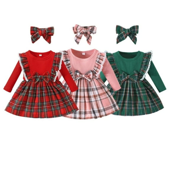 3M-3T Baby Girls Christmas Plaid Dress + Headband, Uccdo Toddler Girl Long Sleeve Knitted Top Pleated Skirt Xmas Party Dresses