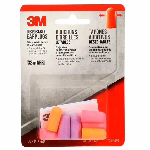 3M 92050-80025T Disposable Earplugs, Colored, 4-Pair