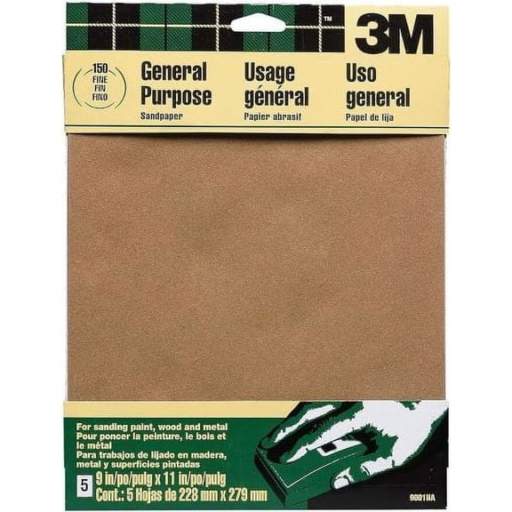 3M 9001NA 5-Count Pack of 9" x 11" 150-Grit Aluminum Oxide Sandpaper