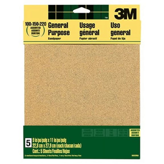 3M 9002NA 5-Count Pack of 9" x 11" 100-Grit Aluminum Oxide Sandpaper