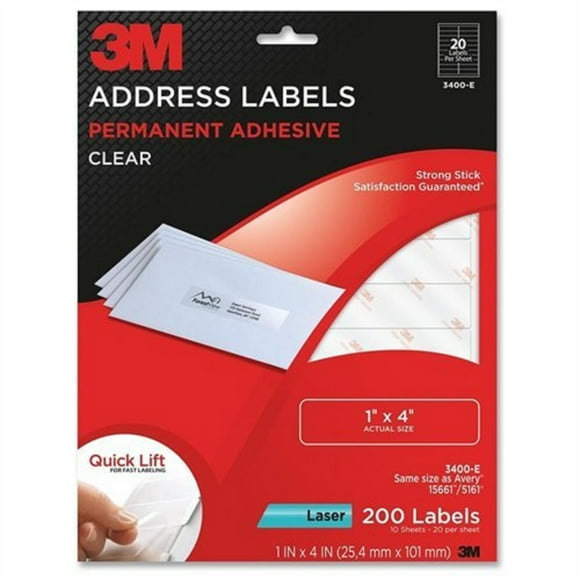 3M Address Laser Labels Permanent Adhesive Clear 3400-E 1"x4" - 200 Labels