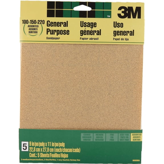 3M Aluminum Oxide Sandpaper, 5 Sheets, Assorted Grit 100-150-220, 9-in x 11-in, Multi-Purpose Abrasive Sanding Paper, For General Purpose Sanding On Paint, Wood and Metal (9005NA) (Pack of 4)