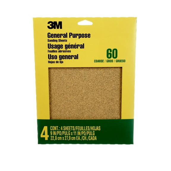 3M Sandpaper, General Purpose, 60 Grit Coarse, 9 in. x 11 in., 4 Sanding Sheets