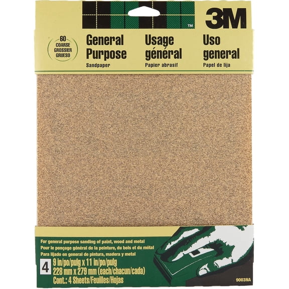 3M Aluminum Oxide Sandpaper Coarse - Durable, 60 Grit - 5 Pack, 9" x 11"
