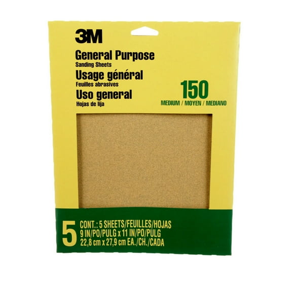 3M Sandpaper, General Purpose, 150 Grit Medium, 9 in. x 11 in., 5 Sanding Sheets