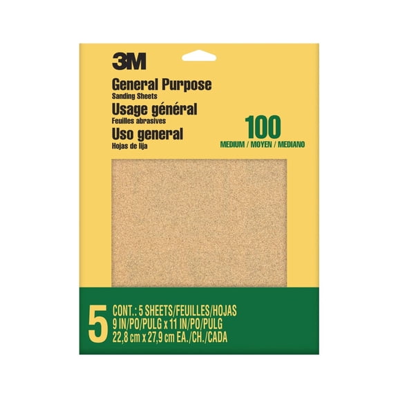 3M Sandpaper, General Purpose, 100 Grit Medium, 9 in. x 11 in., 5 Sanding Sheets