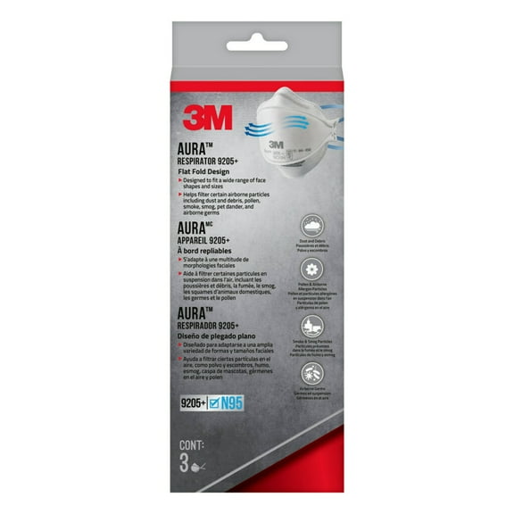 3M Aura N95 Particulate Respirator 9205+, White, 3 Disposable Particulate Respirators