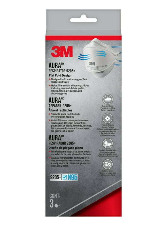 3M Aura N95 Particulate Respirator 9205+, White, 3 Disposable Particulate Respirators