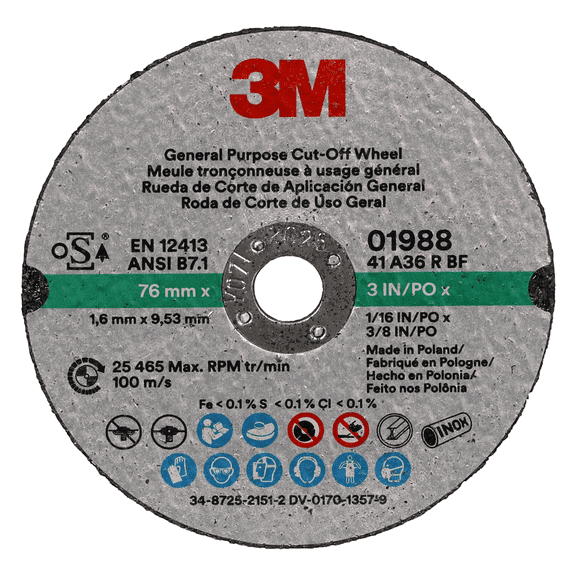 3M 1988 Reinforced Cut Off Wheel Aluminum Oxide Metal Cutting Disc