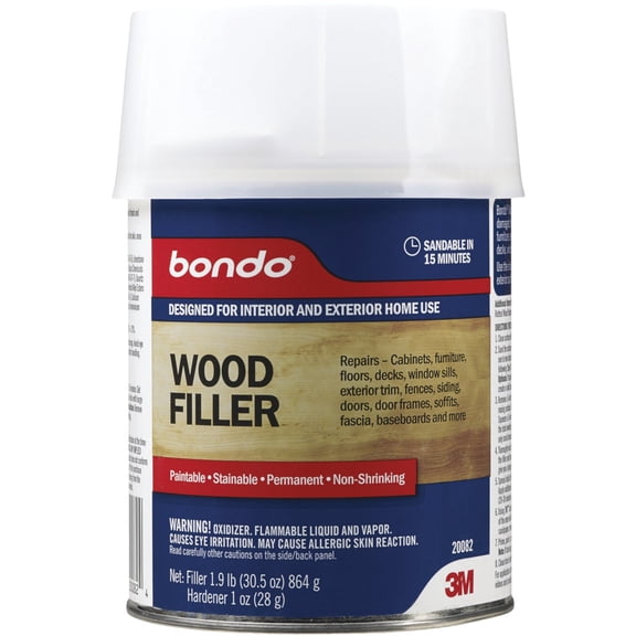 3M Bondo Wood Filler  30 fl oz, High-Performance Two-Part Formula for Interior and Exterior Wood Repairs, Fast-Curing, Paintable, Stainable