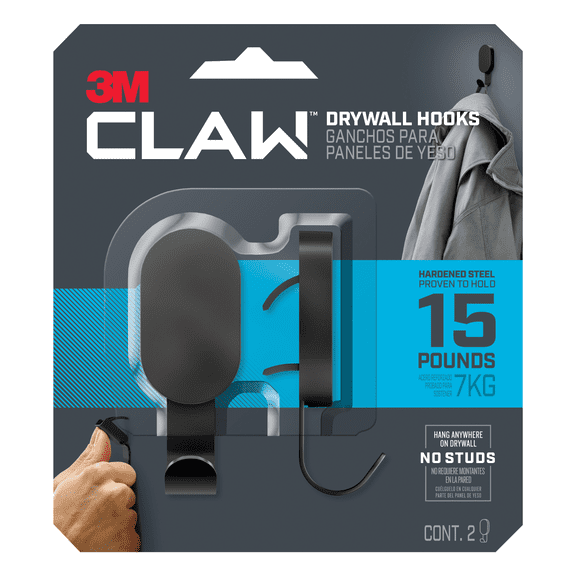 3M CLAW Drywall Hooks [15 lbs.]: 15 lb. / 2 hooks (Black) 2-hooks