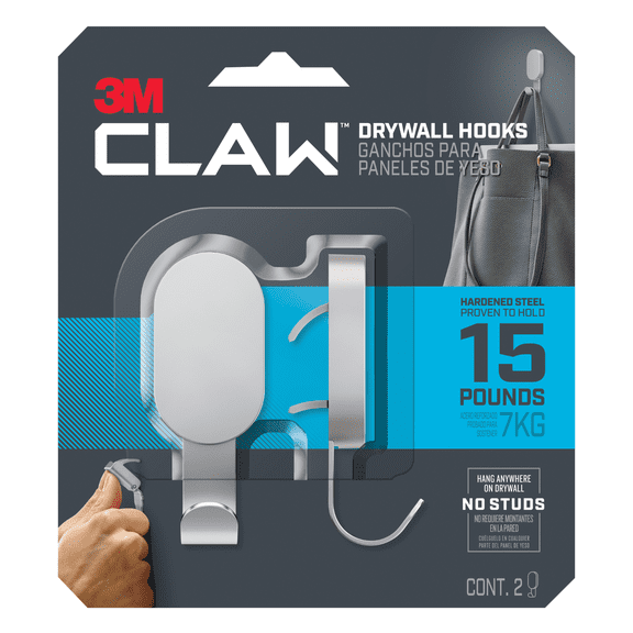 3M CLAW Drywall Hooks [15 lbs.]: 15 lb. / 2 hooks (Silver) 2-hooks