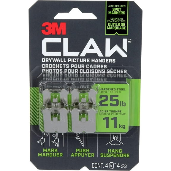3M CLAW Drywall Picture Hanger 25 lb with Temporary Spot Marker 3PH25M-4ES,Silver