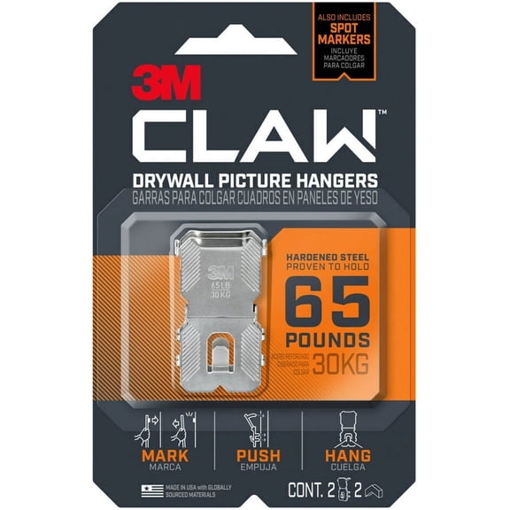 3M CLAW Drywall Picture Hanger - 65 lb (29.48 kg) Capacity - 2" Length - for Pictures, Project, Mirror, Frame, Home, Decoration - Steel - Gray - 2 / P | Bundle of 2 Packs
