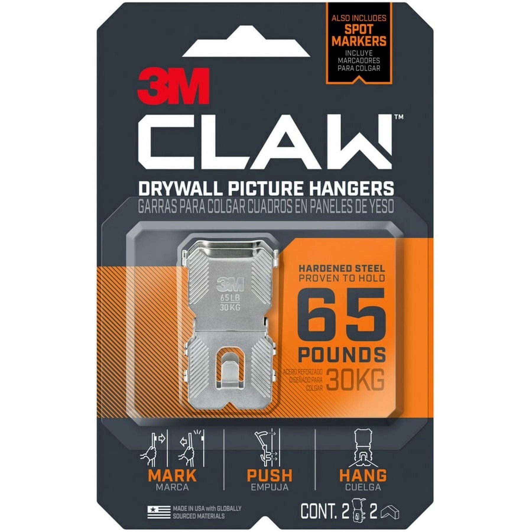 3M CLAW Drywall Picture Hanger - 65 lb (29.48 kg) Capacity - 2" Length - for Pictures, Project, Mirror, Frame, Home, Decoration - Steel - Gray - 2 / Pack