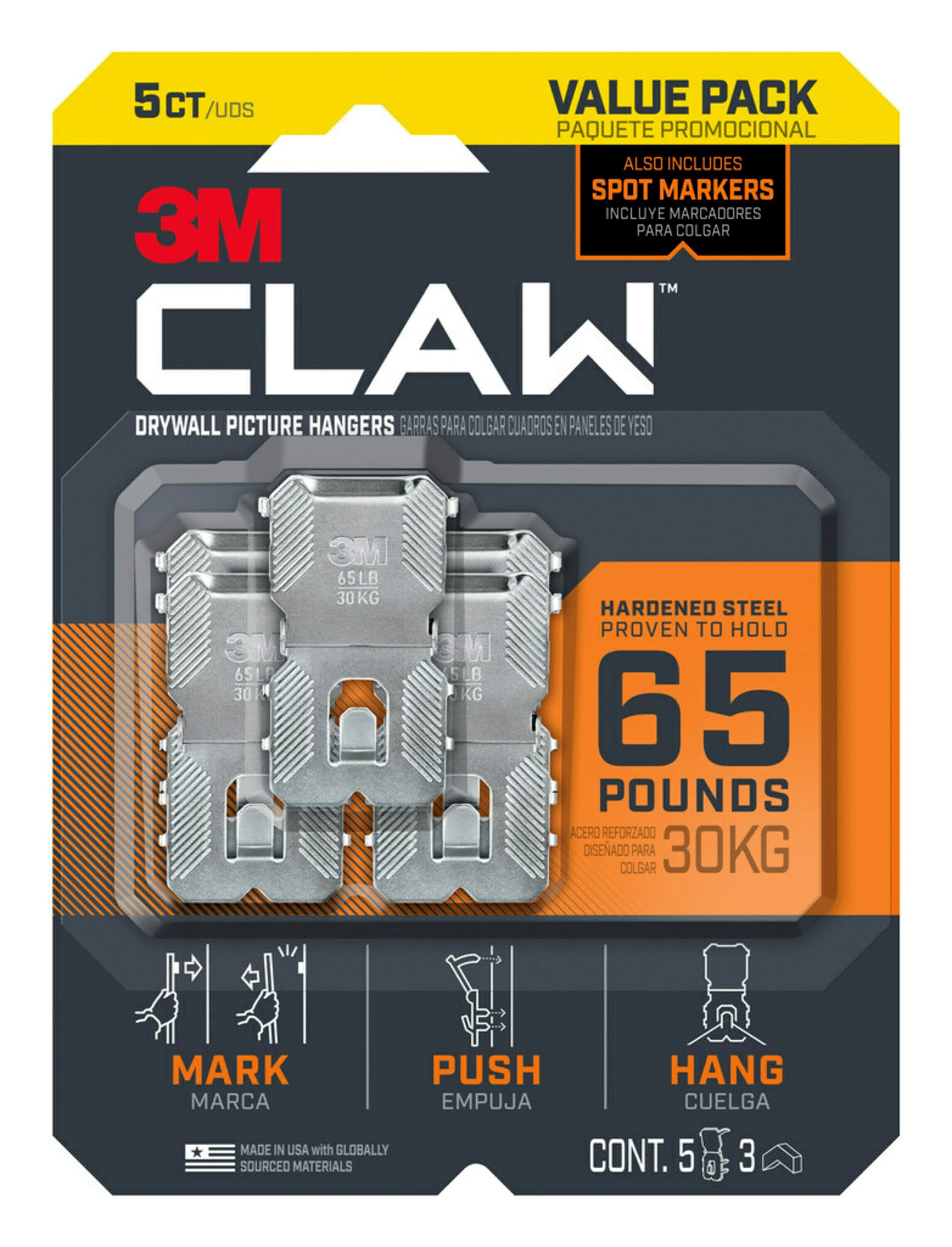 3M CLAW Drywall Picture Hanger with Spot Marker, Holds 65 lbs, 5 Hangers, 3  Markers 