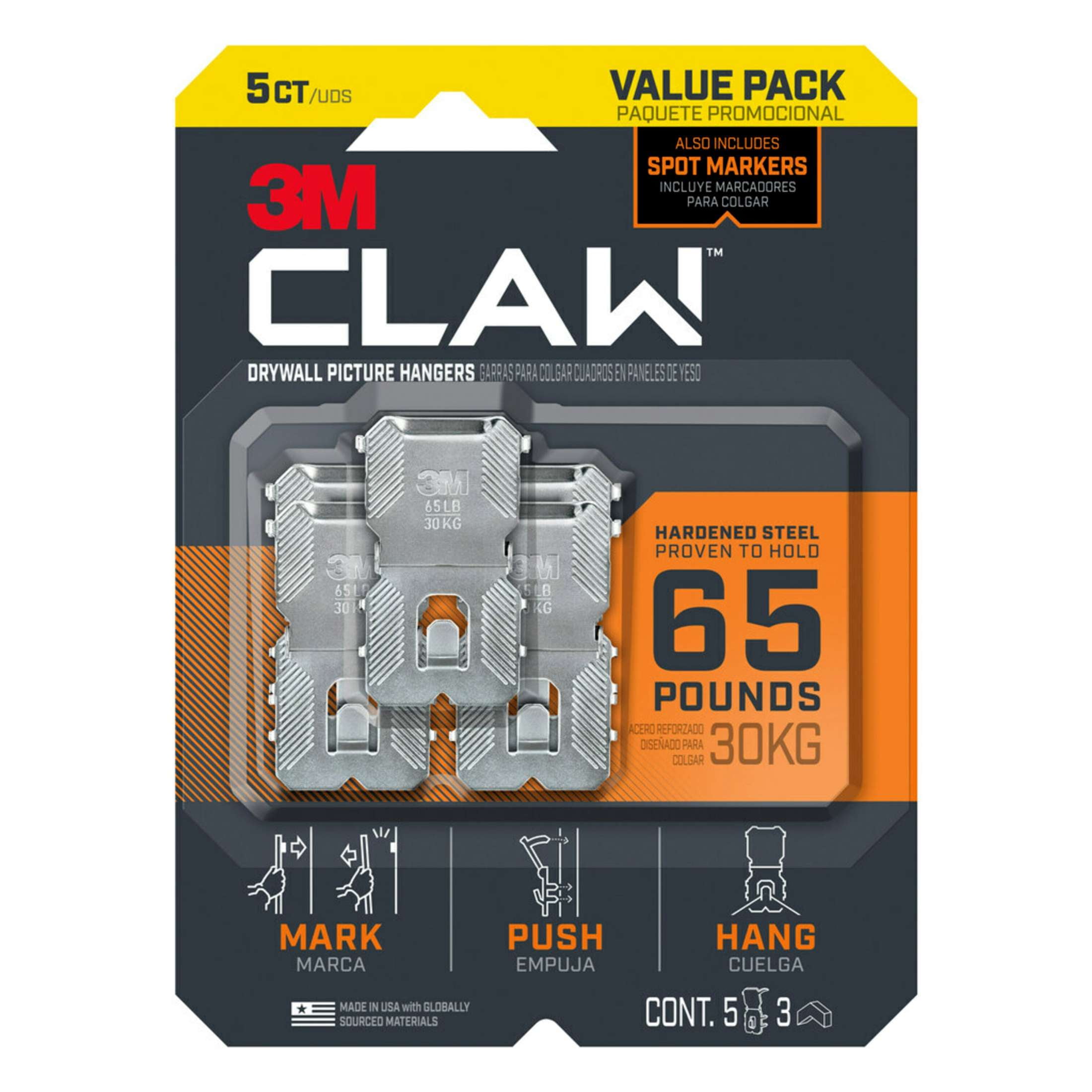 3M CLAW Drywall Picture Hanger with Spot Marker, Holds 65 lbs, 5 Hangers, 3 Markers