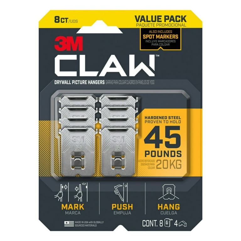 3M CLAW Drywall Picture Hanger with Temporary Spot Marker, Holds 45 lbs, 8  Hangers, 4 Markers 